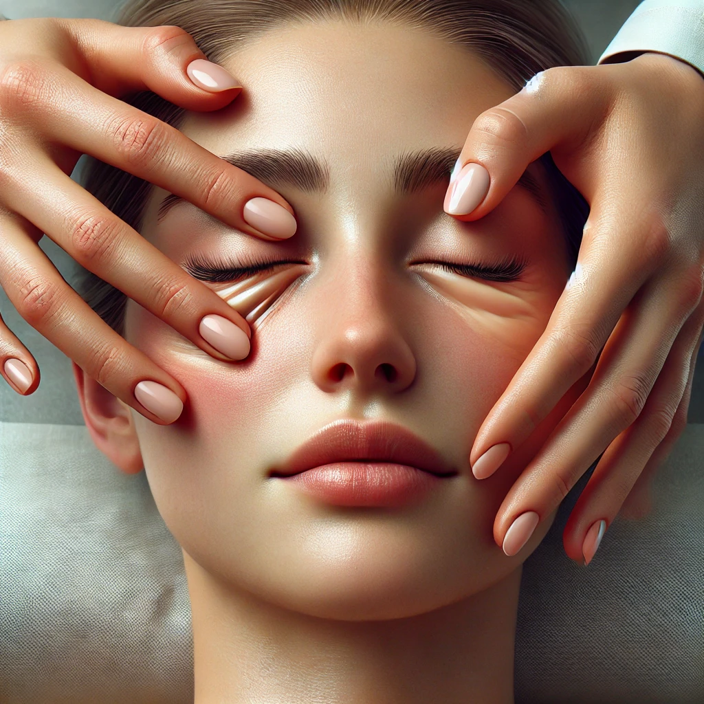 눈밑 지방 제거를 위한 마사지 중, 부드럽게 눈가를 마사지하는 장면, 편안한 스파 환경에서 림프 순환을 촉진하는 과정 강조