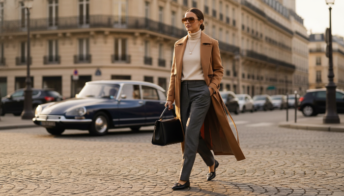 파리 거리에서 조용한 럭셔리 스타일의 옷과 가방을 매치한 우아한 여성