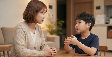 엄마와 아이가 마주 앉아 대화하는 모습
