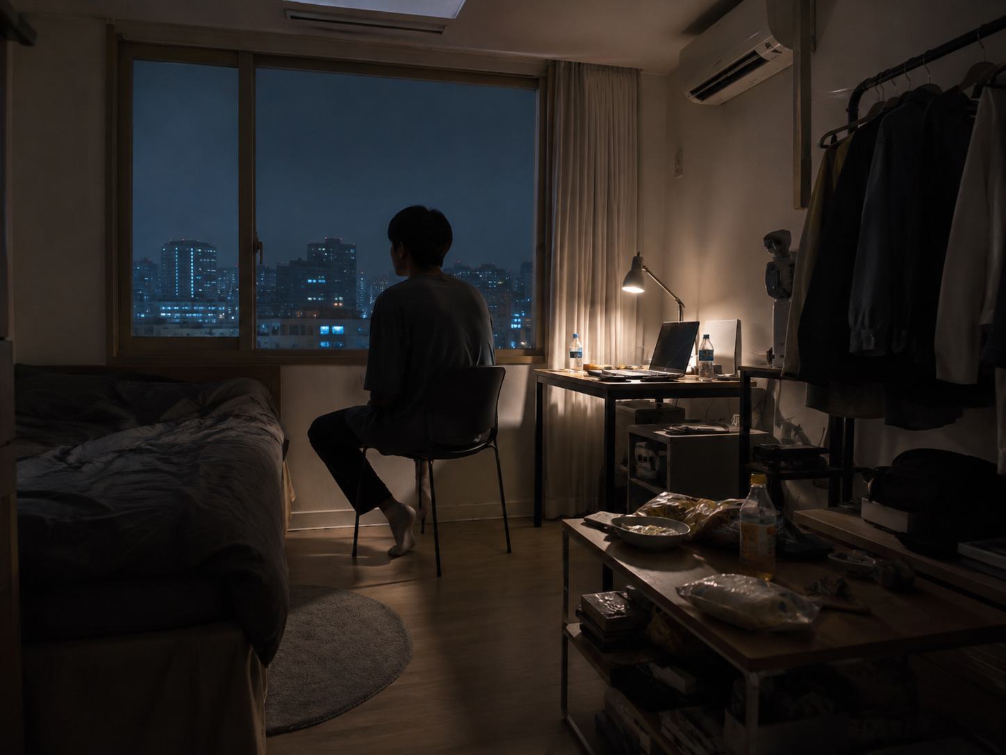 늦은 밤 자취방 의자에 혼자 앉아 창밖의 도시 불빛을 바라보는 사람
