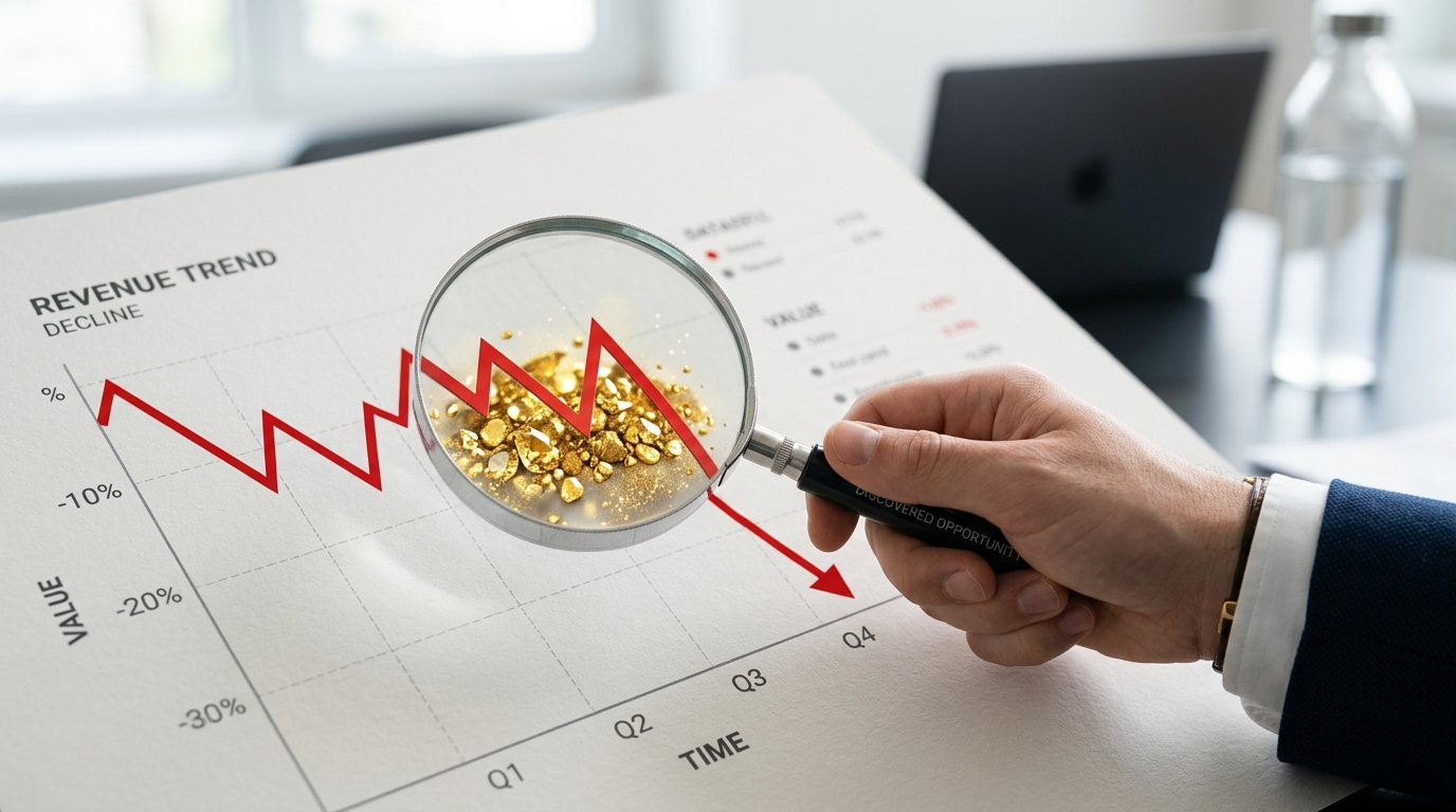 하락하는 빨간 그래프 속에서 돋보기를 들고 황금빛 보석(가치주)을 찾아내고 있는 투자자의 손