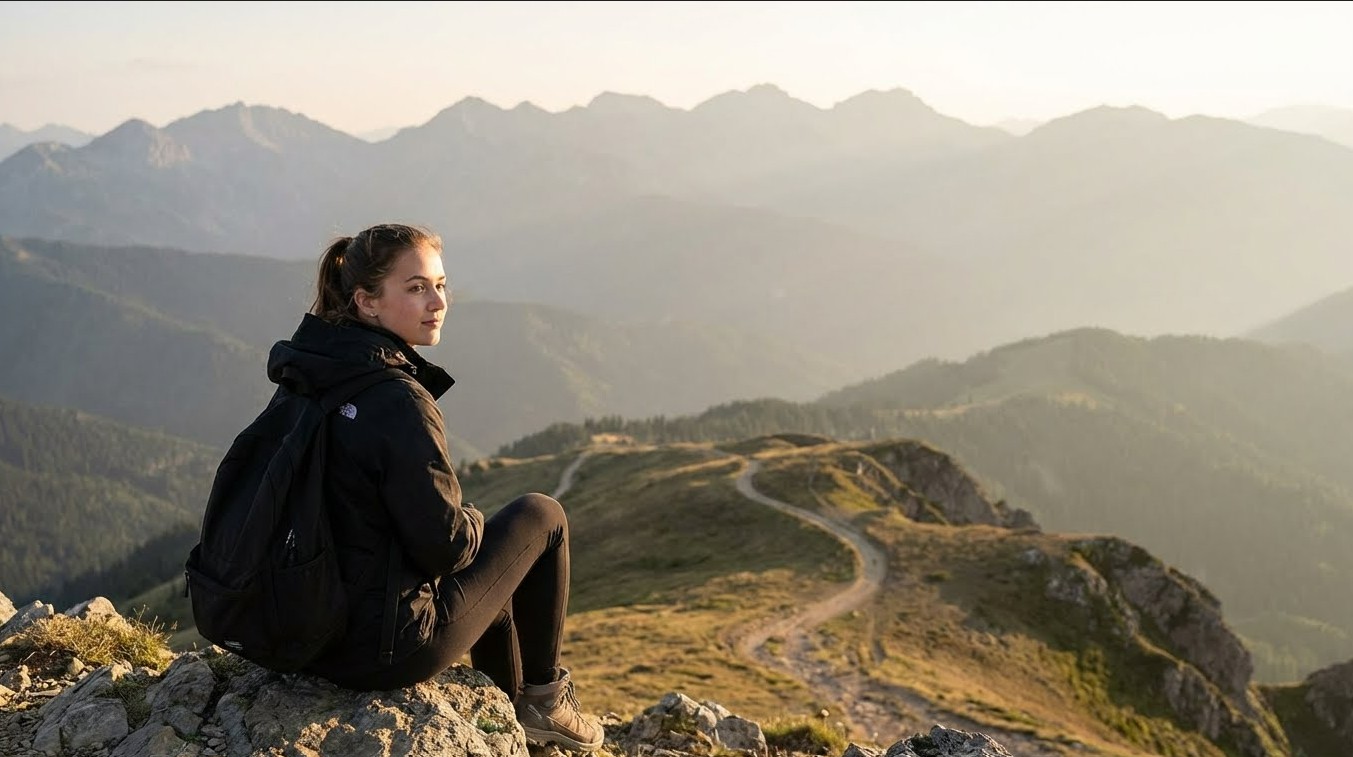 여성이 산을 바라보는 사진