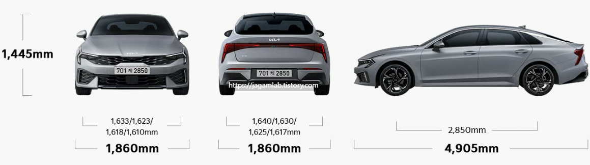2026 K5 2.0 가솔린 전장, 전폭, 전고, 축간거리, 윤거 전후 제원