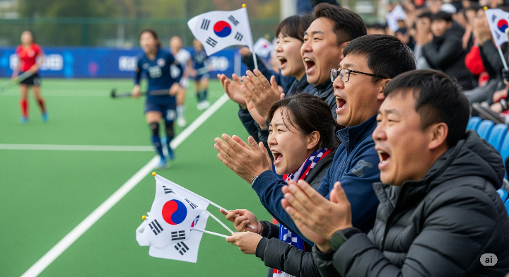관중들이 필드하키 경기장에서 팀 깃발을 흔들며 응원하는 모습