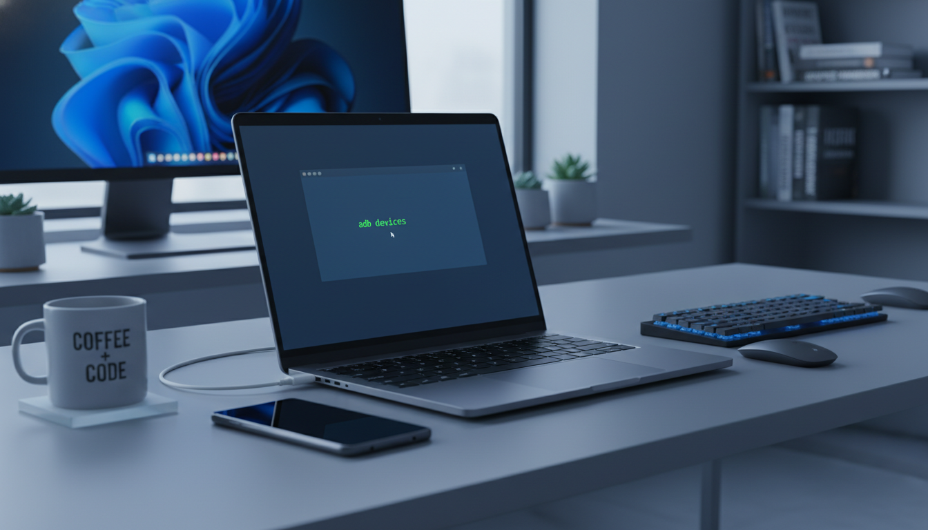 스마트폰을 PC에 연결하여 ADB 셸 명령어를 입력하는 화면