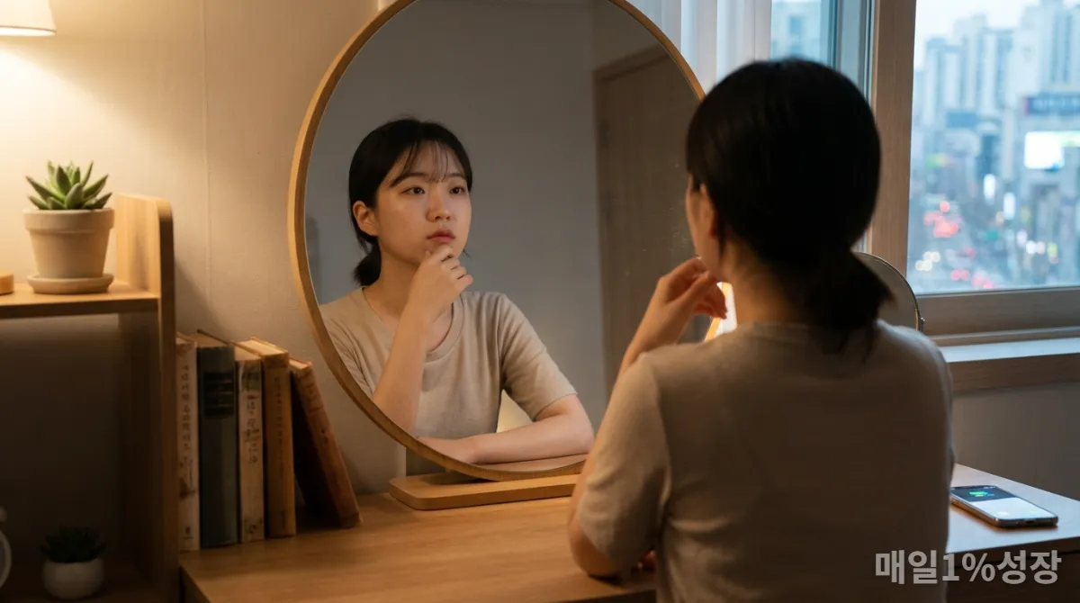 거울을 보며 자신에게 맞는 소통 방식을 성찰하는 한국인