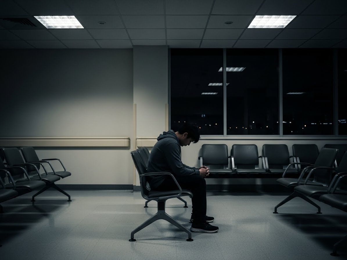 병원 대기실에 고개를 숙이고 앉아 있는 남성