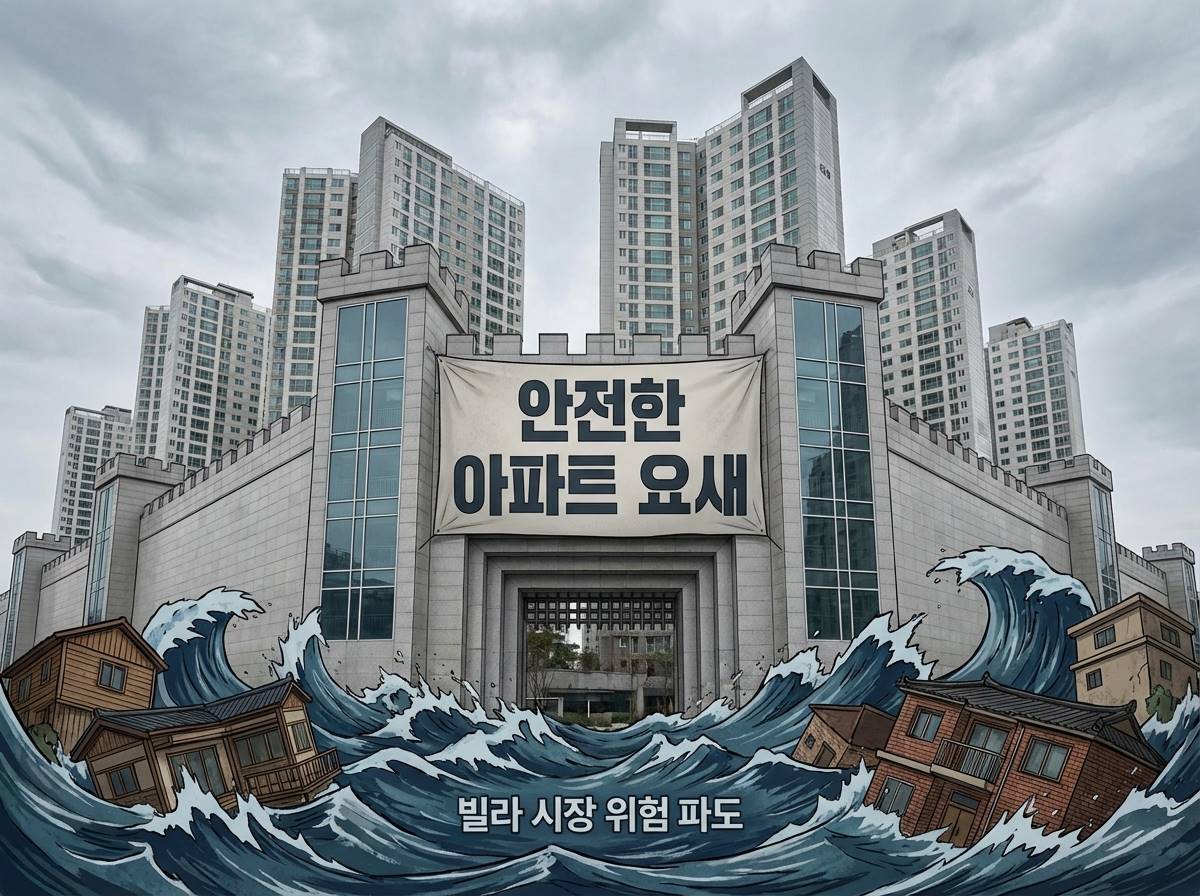 안전한 성벽처럼 묘사된 아파트 단지와 그 주변을 둘러싼 불안정한 파도(빌라 시장 리스크)를 비유한 시각 자료