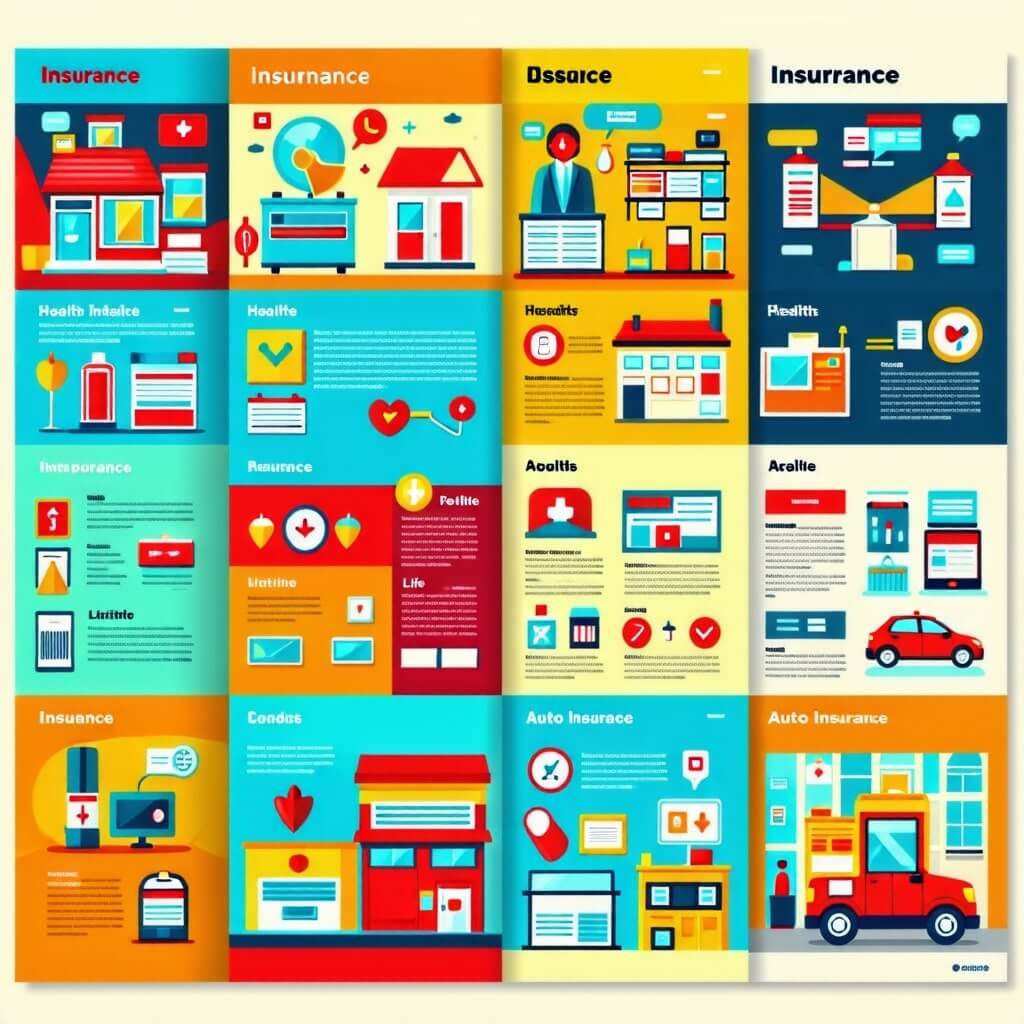 다양한 보험 상품이 나열된 브로셔 또는 팜플렛. 각 상품의 특징과 혜택이 간단히 설명되어 있다.