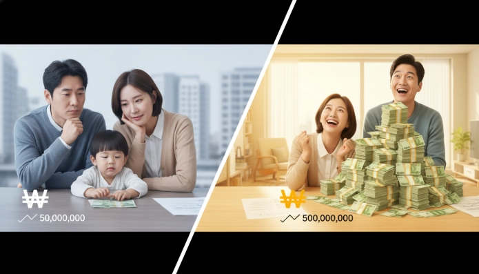 자녀 1인당 상속 공제가 5천만 원에서 5억 원으로 10배 증가하는 것을 시각적으로 비교하는 이미지.