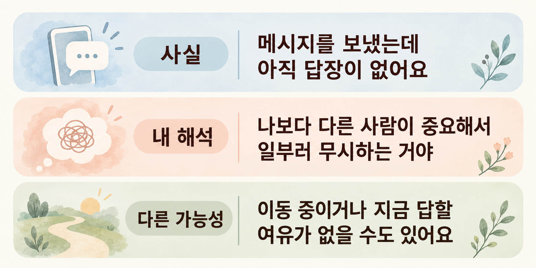 사실: 메시지를 보냈는데 아직 답장이 없어요. 내 해석: 나보다 다른 사람이 중요해서 일부러 무시하는 거야. 다른 가능성: 이동 중이거나 지금 답할 여유가 없을 수도 있어요.