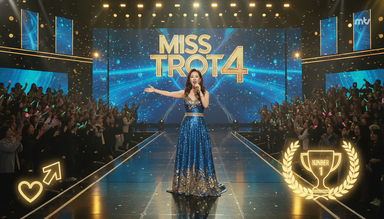 화려한 무대에서 열창하는 미스트롯4 참가 가수와 투표를 상징하는 그래픽 요소들. 팬들의 적극적인 참여로 1등을 만드는 모습을 강조.