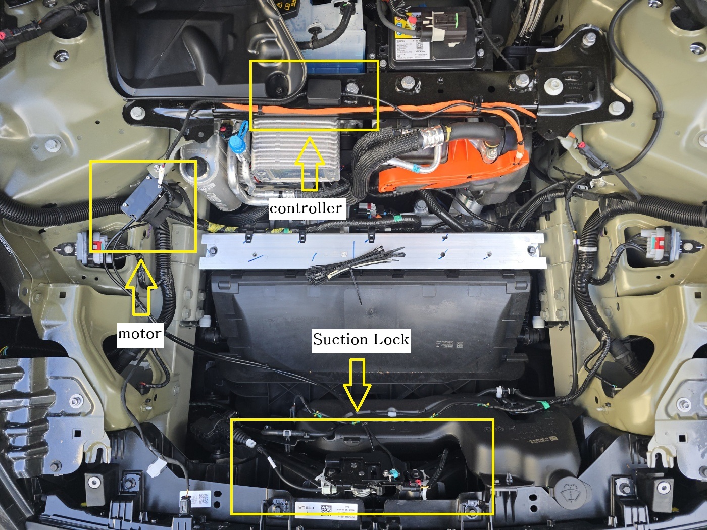 Tesla Model Y Juniper frunk soft close module and motor installation