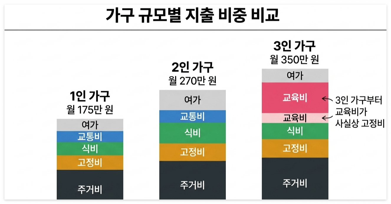 1인 2인 3인 가구 지출 항목별 비중 비교