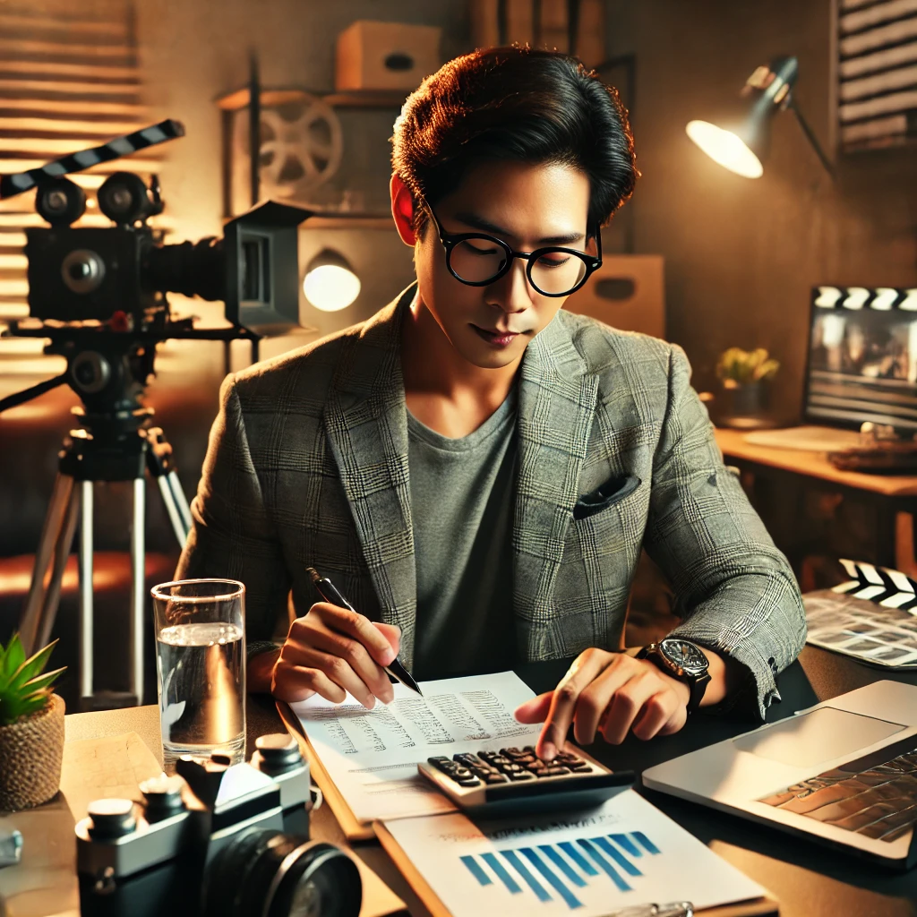 아시아 영화감독이 예산 절감을 위해서 일을 하고 있는 사진