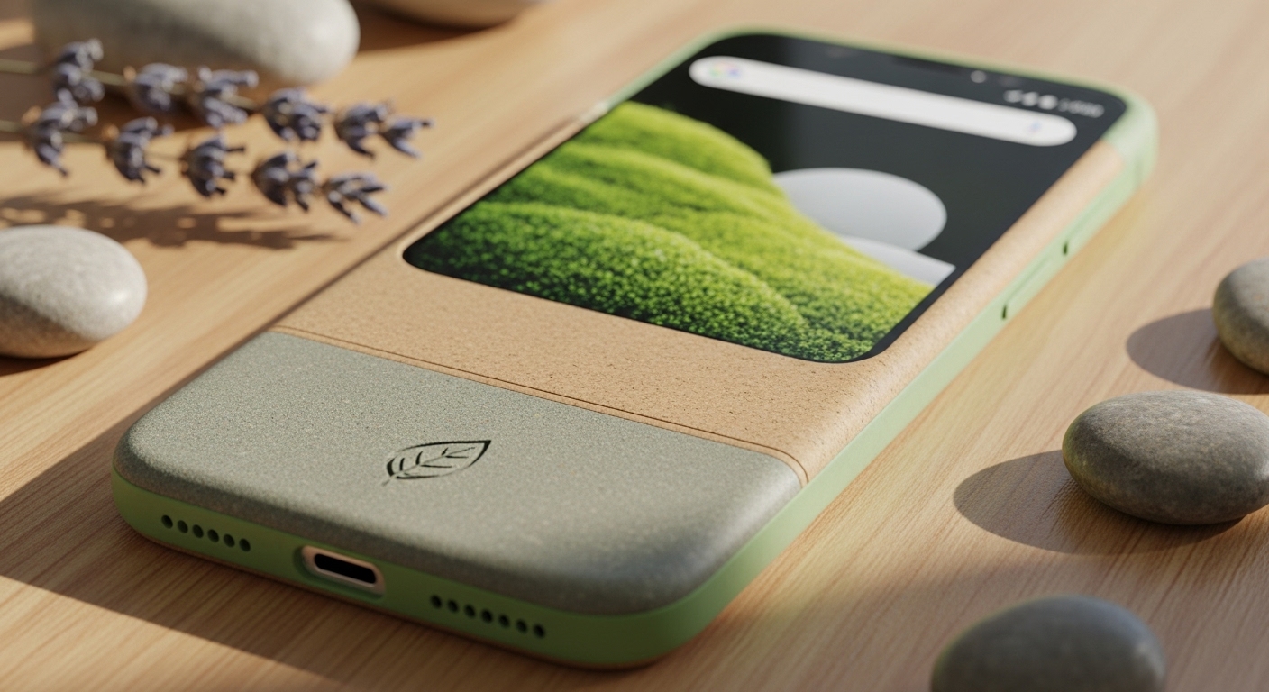 재활용 소재와 친환경 디자인이 강조된 지속 가능한 스마트폰.