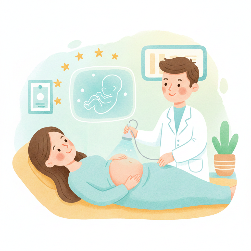 임신 중인 산모가 산부인과에서 밝은 표정으로 초음파 검사를 받고 있는 동화풍 수채화 삽화