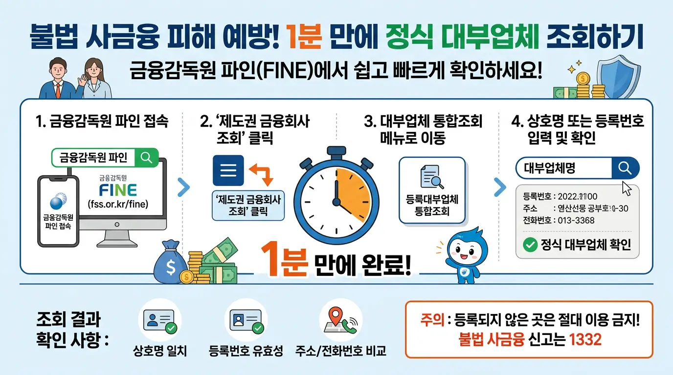 불법 사금융을 피하기 위해 금융감독원 파인에서 정식 대부업체인지 1분 만에 조회하는 방법을 알려주는 인포그래픽