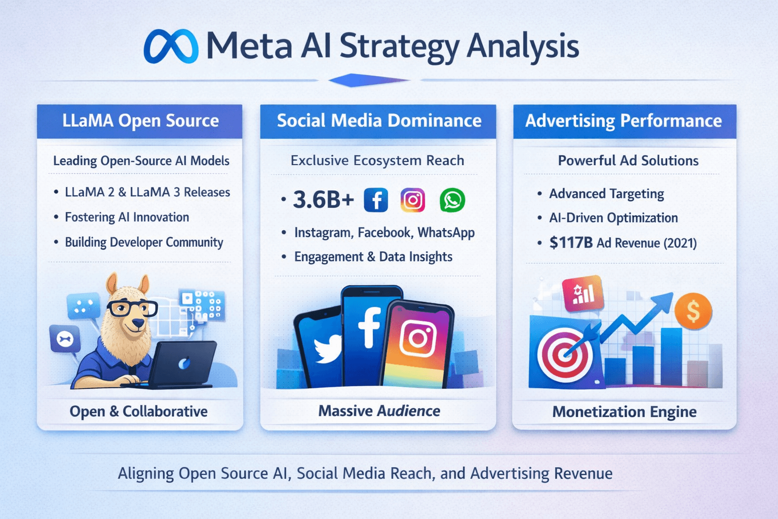 메타 AI 전략 분석 (Llama 오픈소스, 소셜 미디어 독점, 광고 실적)