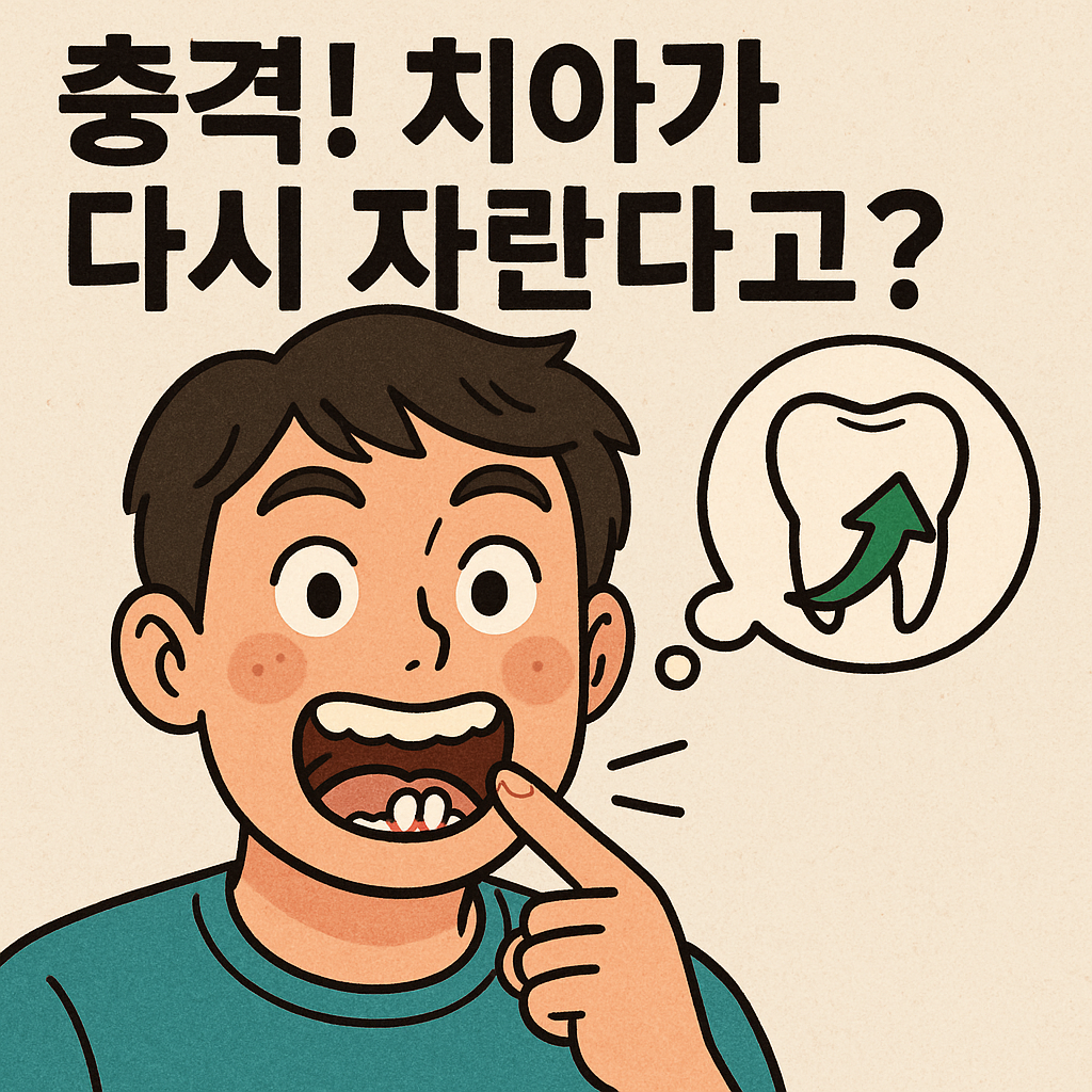 “만화 스타일의 일러스트. 놀란 표정의 남자가 입을 벌리고 손가락으로 이를 가리키고 있다. 머리 위에는 치아가 새로 자라는 것을 상징하는 흰색 치아 그림과 위쪽 화살표가 있는 말풍선이 떠 있다. 상단에는 ‘충격! 치아가 다시 자란다고?’라는 굵은 한글 문구가 적혀 있다.”