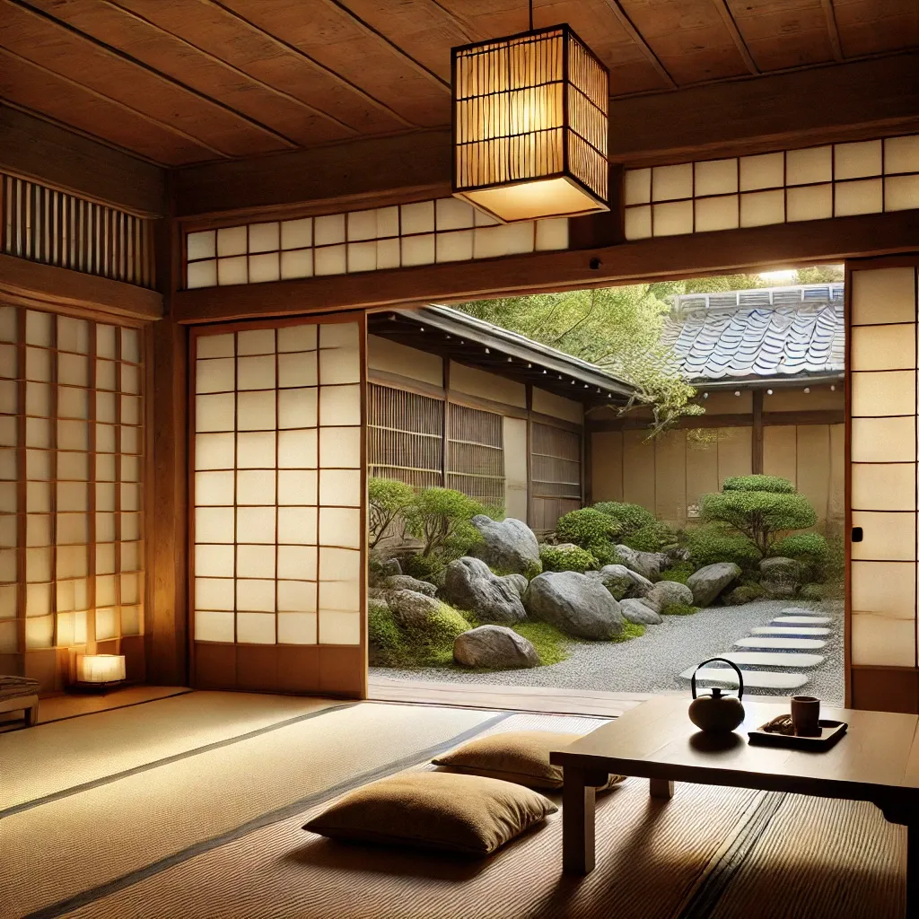 일본 전통 료칸의 내부, 다다미 바닥과 쇼지 문이 있는 조용한 방, 정원을 바라보는 낮은 나무 테이블과 쿠션들