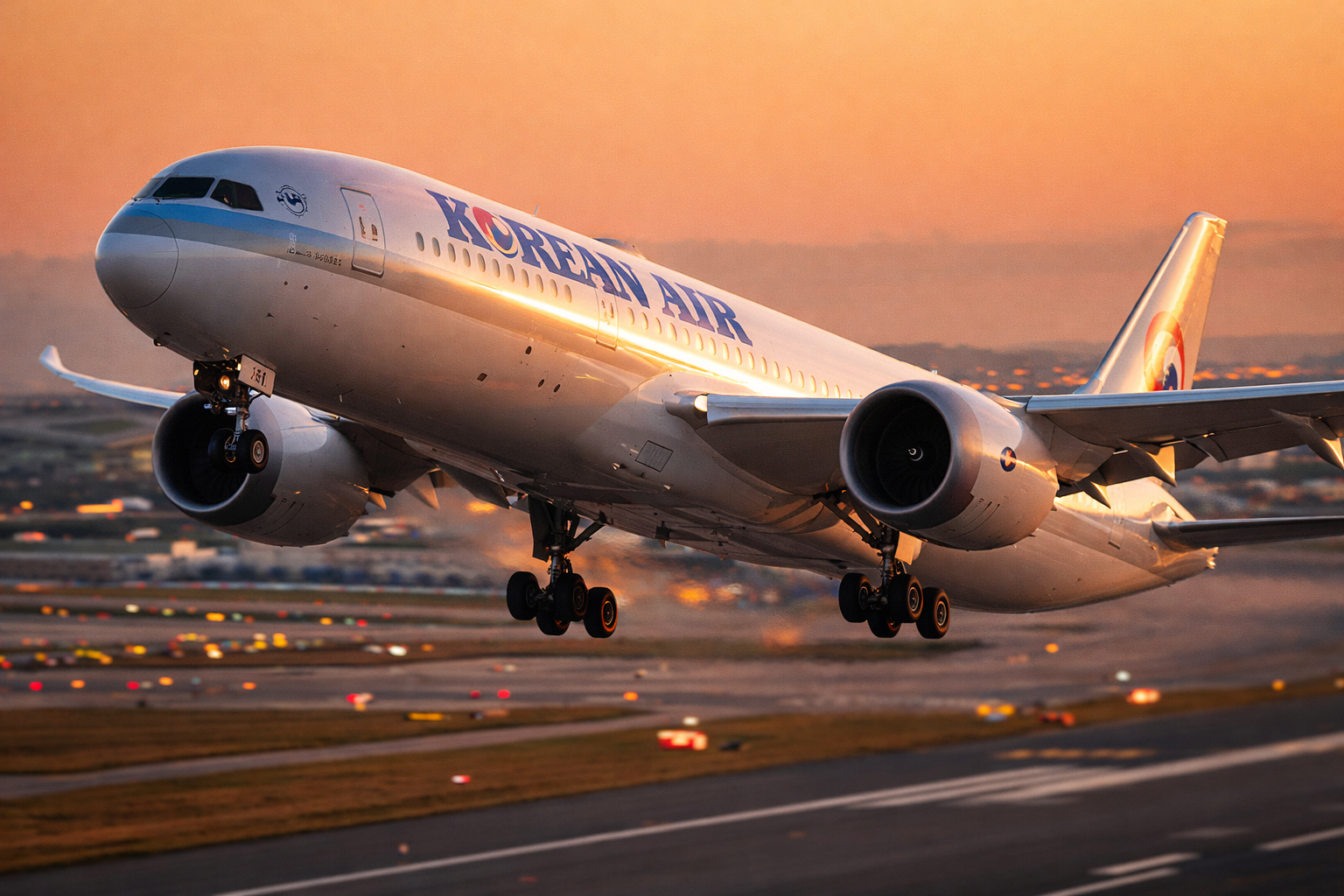 석양이 비치는 인천국제공항 활주로에서 대한항공 보잉 787-9 드림라이너가 이륙하는 모습. 황금빛 노을이 기체와 대형 엔진을 비추고, 배경에는 활주로 조명과 터미널이 흐릿하게 보인다.