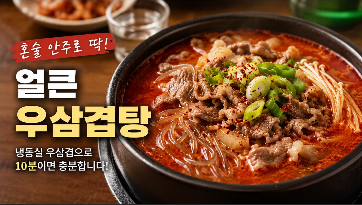 우삼겹과 불린 당면 팽이버섯을 넣어 고춧가루로 얼큰하게 끓인 우삼겹탕