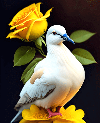 하얀색 비둘기가 노란 꽃 위에 앉아있다. 뒤에도 노란 장미가 있다. 평화의 상징인 비둘기다.