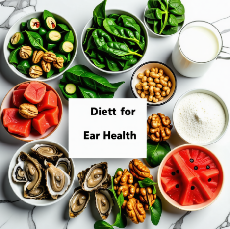 테이블 위에 난청에 좋은 음식들이 아름답게 차려져 있는 모습. 굴, 호두, 우유, 시금치, 돼지고기, 수박 등이 각각의 그릇에 담겨 있다. 테이블 중앙에는 '귀 건강을 위한 식단'이라고 쓰인 카드가 놓여 있으며, 전체적으로 신선하고 건강한 느낌이 든다.