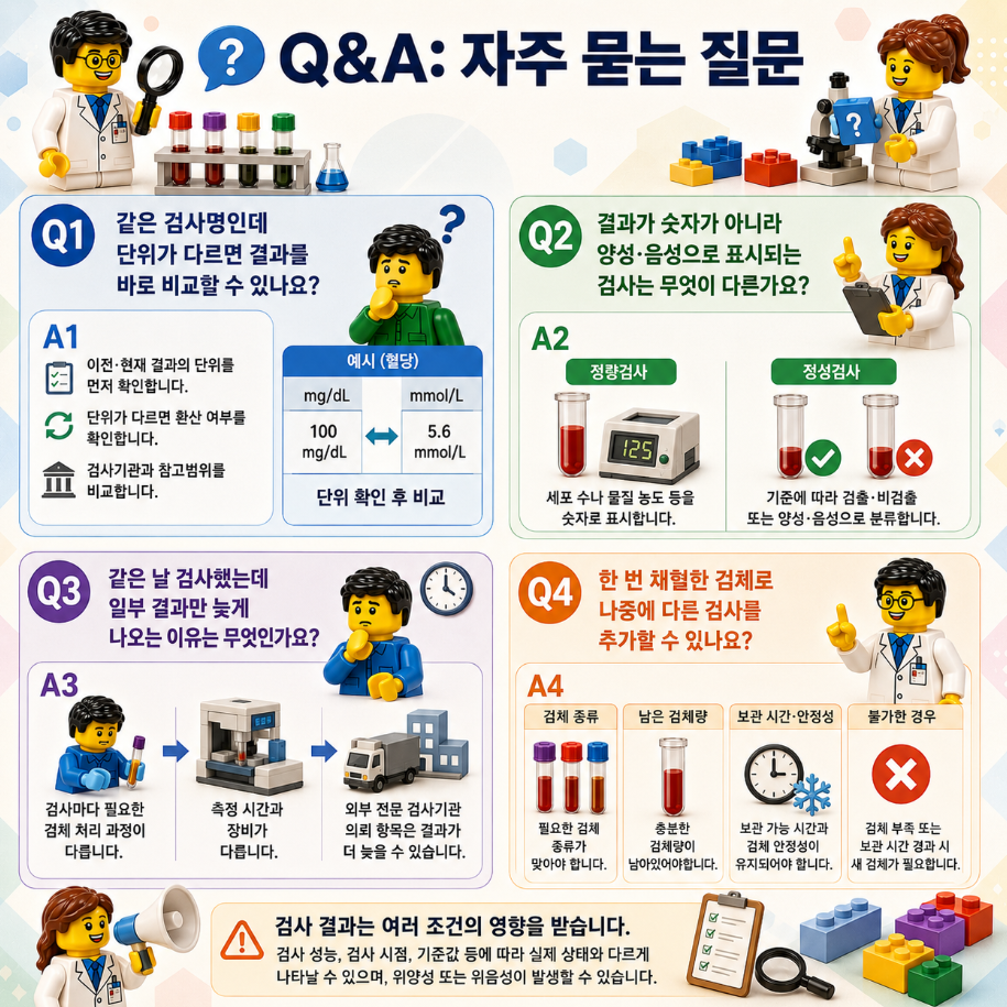 혈액검사 결과에 관한 자주 묻는 질문과 결과 비교, 검사 추가 여부를 정리한 레고 스타일 메디컬 인포그래픽