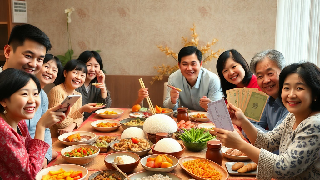 풍성한 상차림 옆에서 온 가족이 행복하게 미소 짓는 모습