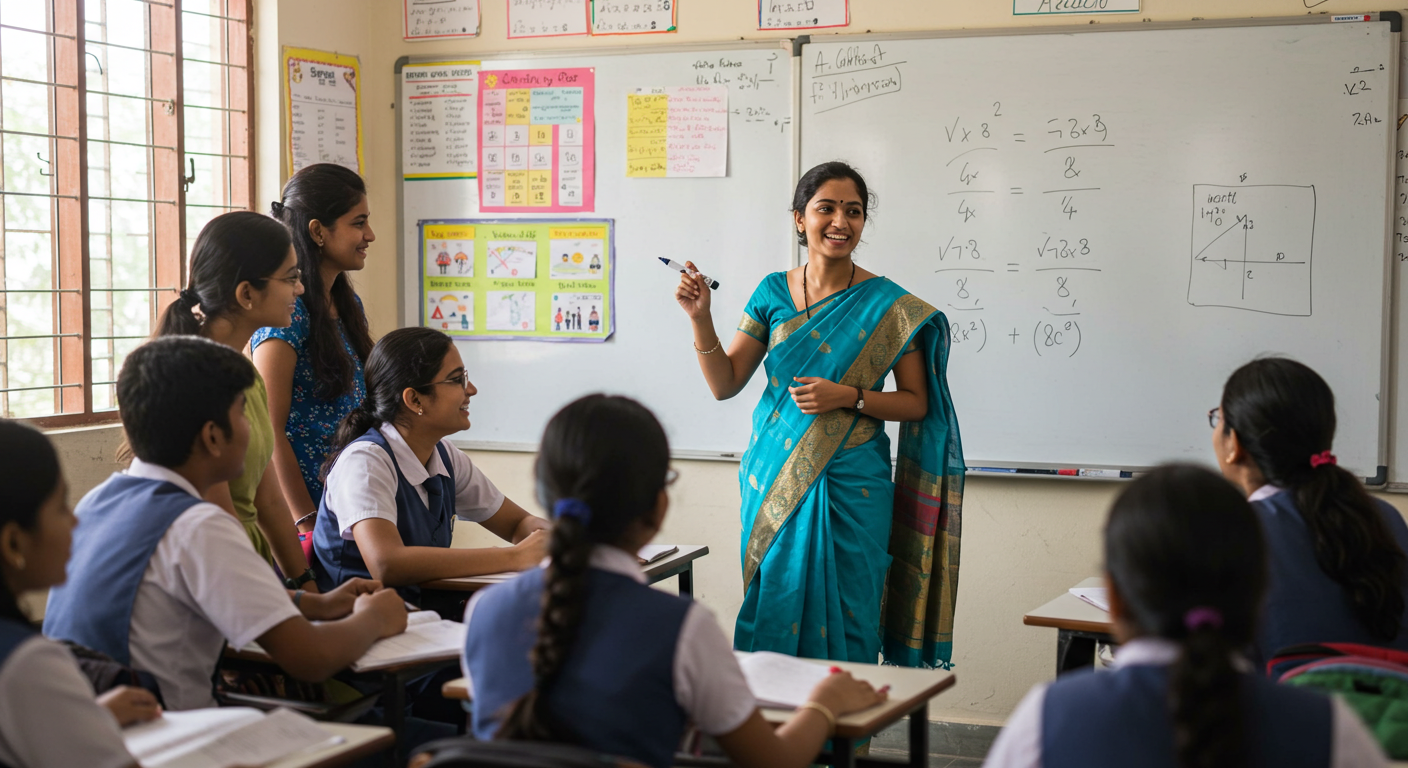 선생님이 학생들을 가르치고 있는 사진
