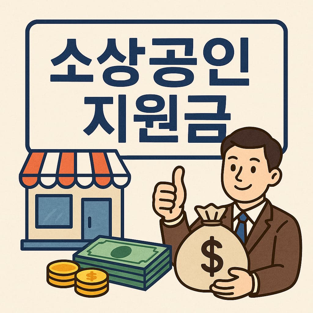 소상공인 지원금을 상징하는 일러스트 – 가게, 돈다발, 사업가 캐릭터