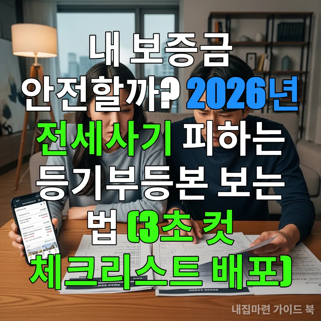 한국의 젊은 부부가 서울의 아파트 거실에서 심각한 표정으로 등기부등본 서류와 스마트폰 부동산 앱을 확인하고 있는 모습