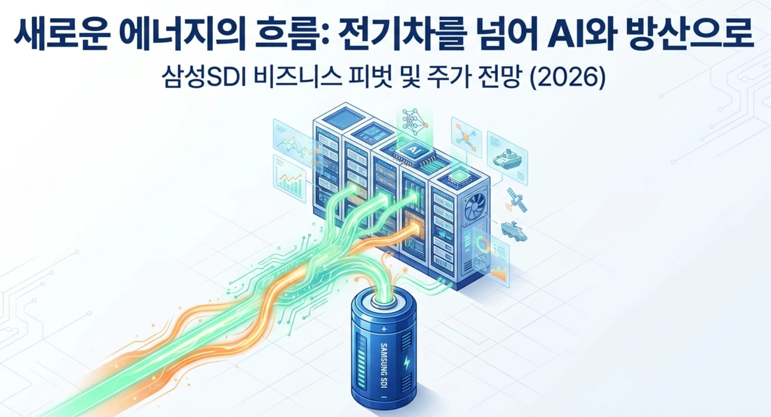 삼성SDI 주가 전망: 삼성SDI 배터리에서 나온 에너지가 AI 데이터센터 서버와 방산 장비로 흐르는 모습을 그린 대표 이미지. 전기차를 넘어 ESS·BBU와 미국 방산으로 사업 무게중심을 옮기는 삼성SDI 비즈니스 피벗과 2026년 주가 전망을 시각적으로 전달하며, 블로그의 삼성SDI 주가 전망 주제를 설명함