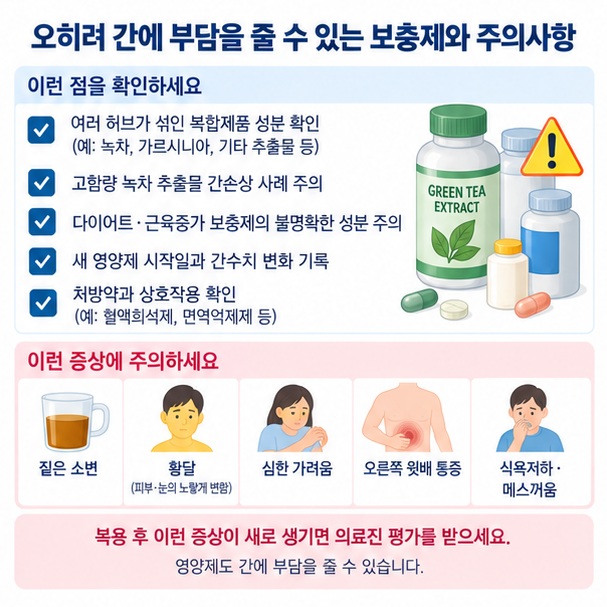 고함량 녹차 추출물 복합 허브 다이어트 보충제와 간손상 증상 및 복용 전 확인사항을 정리한 이미지