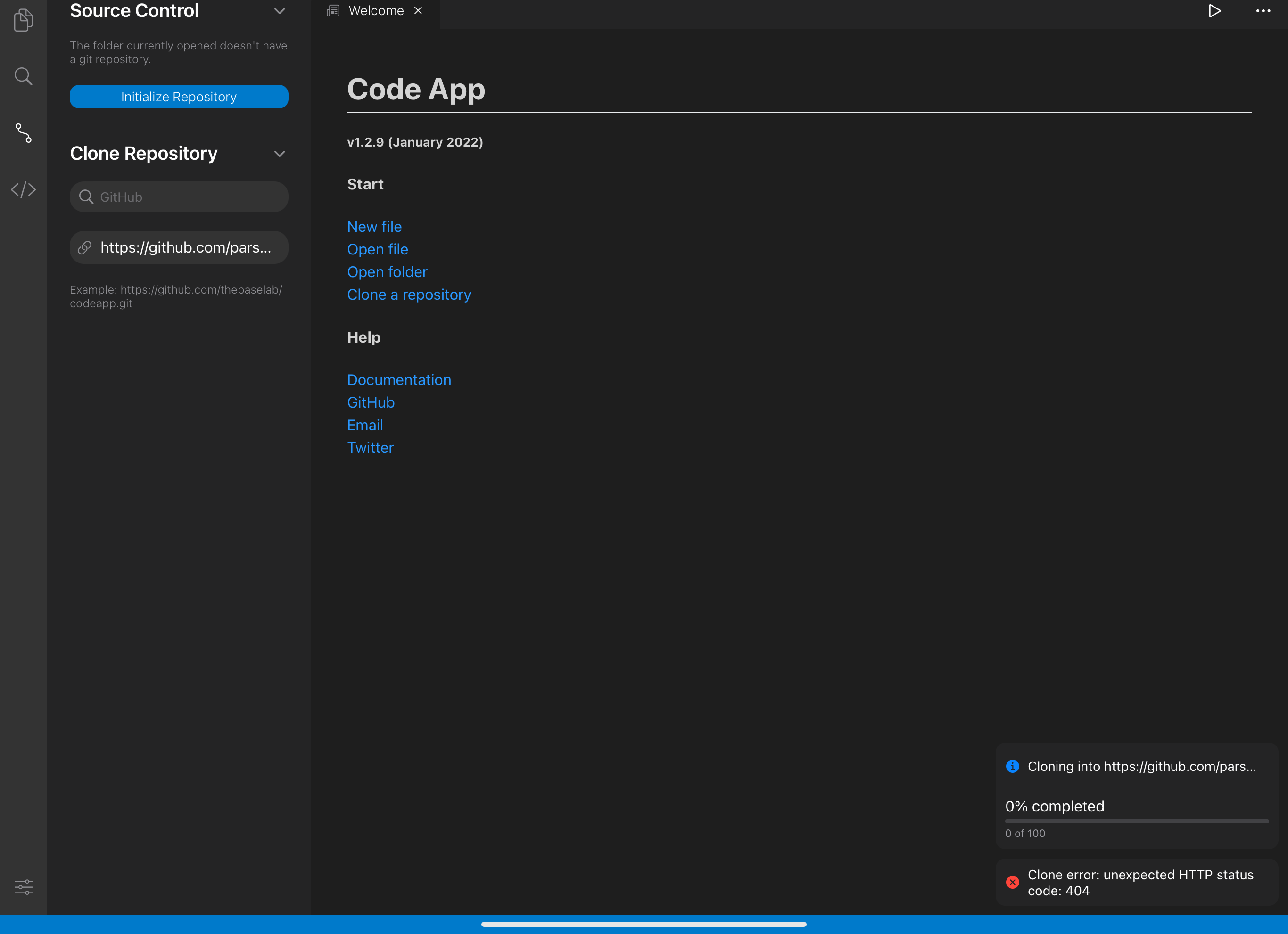 앱스토어 Code App 실행 화면
Source Control과 Code App의 Read.me 같은 메인 화면을 캡쳐해둠