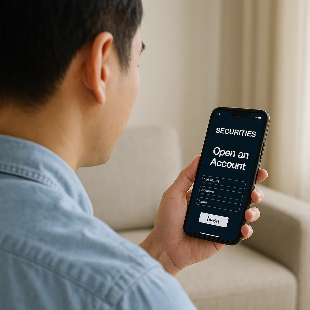 증권사 앱에서 계좌 개설 화면을 보는 사람