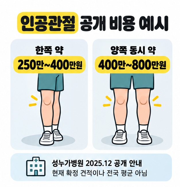 성누가병원의 2025년 12월 공개 안내를 기준으로 인공관절 수술 한쪽 약 250만~400만원과 양쪽 동시 약 400만~800만원을 비교하고 현재 확정 견적이나 전국 평균이 아님을 표시한 그림