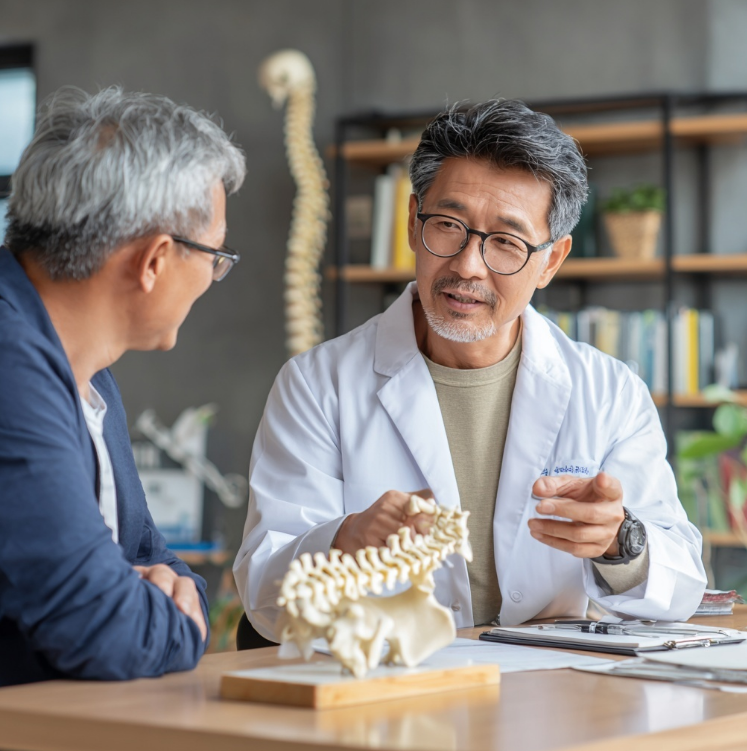 어깨통증으로 의사와 상담중인 환자