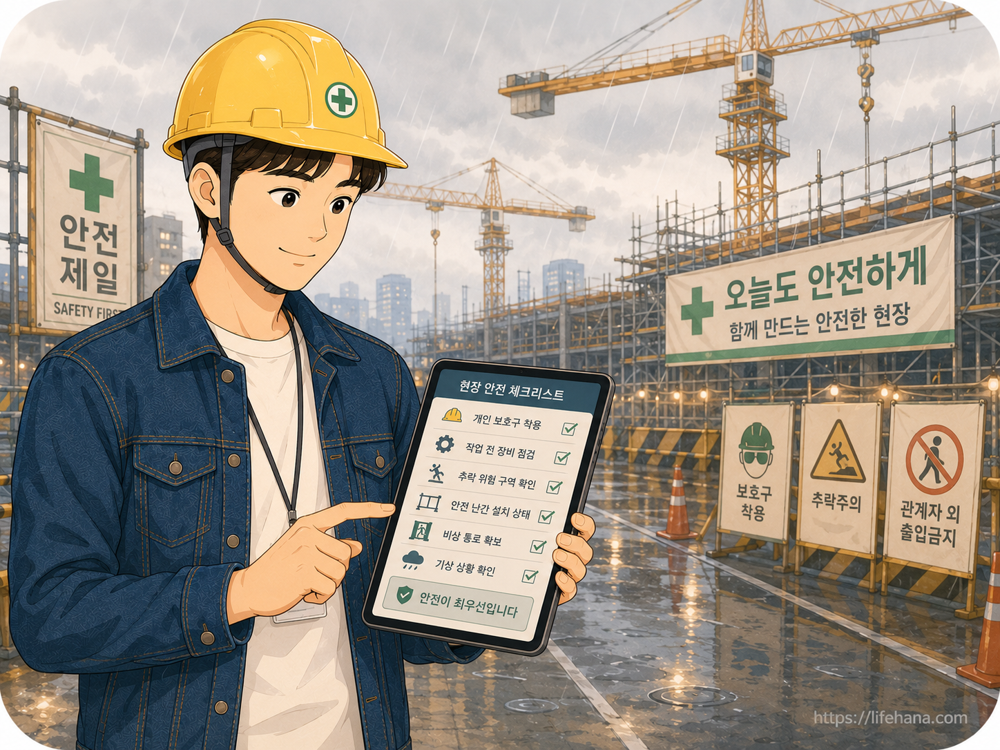 장마철 비 내리는 가운에 안전모를 쓴 현장 작업자가 도면을 보며 안전 시설물을 점검하는 모습