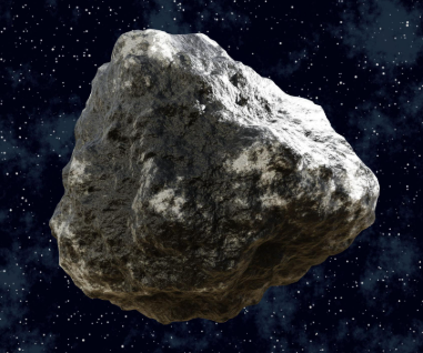 태양계 우주 공간에 떠있는 거친 암석 표면의 소행성 모습