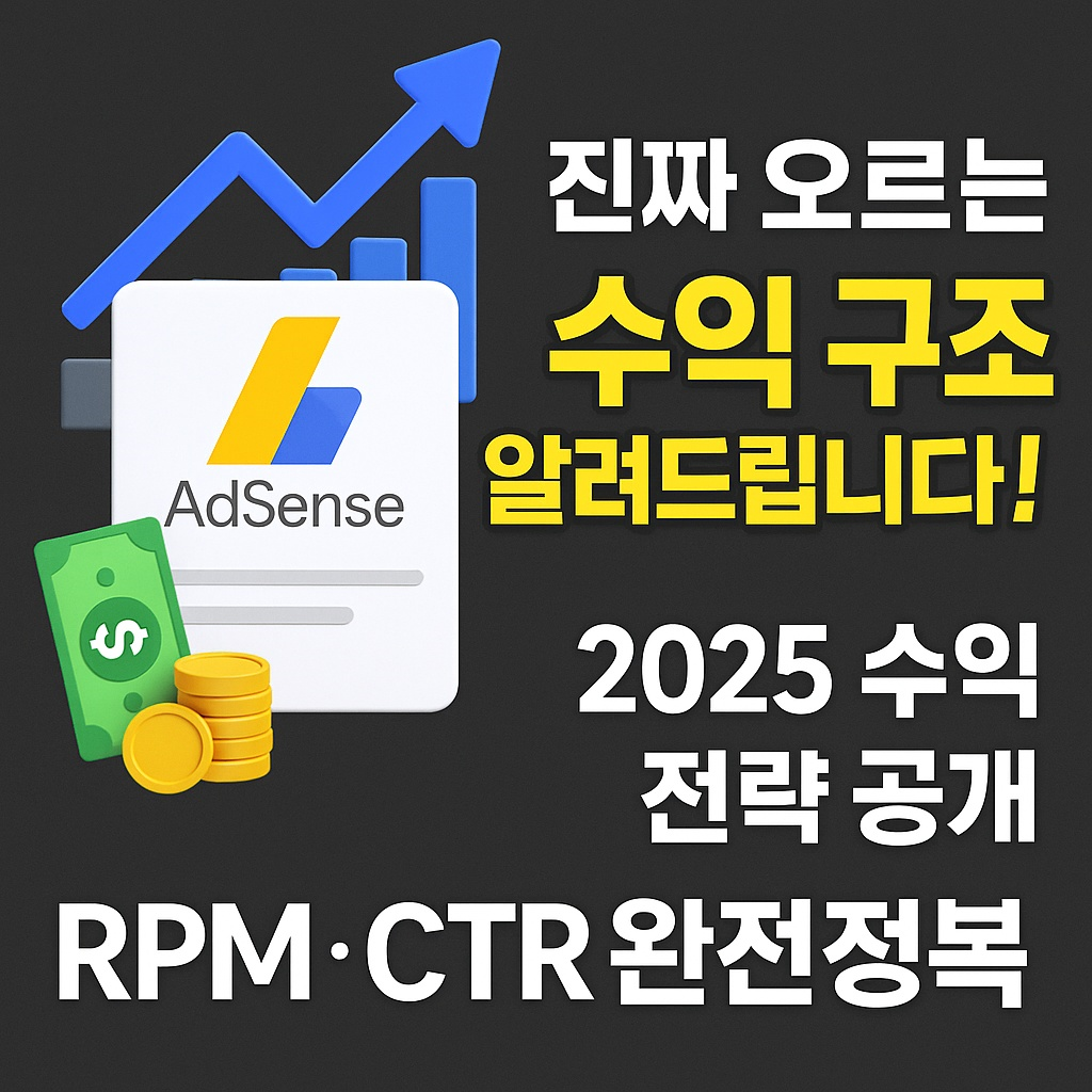 애드센스 수익 구조 설명과 2025 수익 전략을 강조한 썸네일 이미지 – AdSense 로고, 상승 그래프, 지폐와 동전 아이콘, RPM·CTR 완전정복 문구 포함