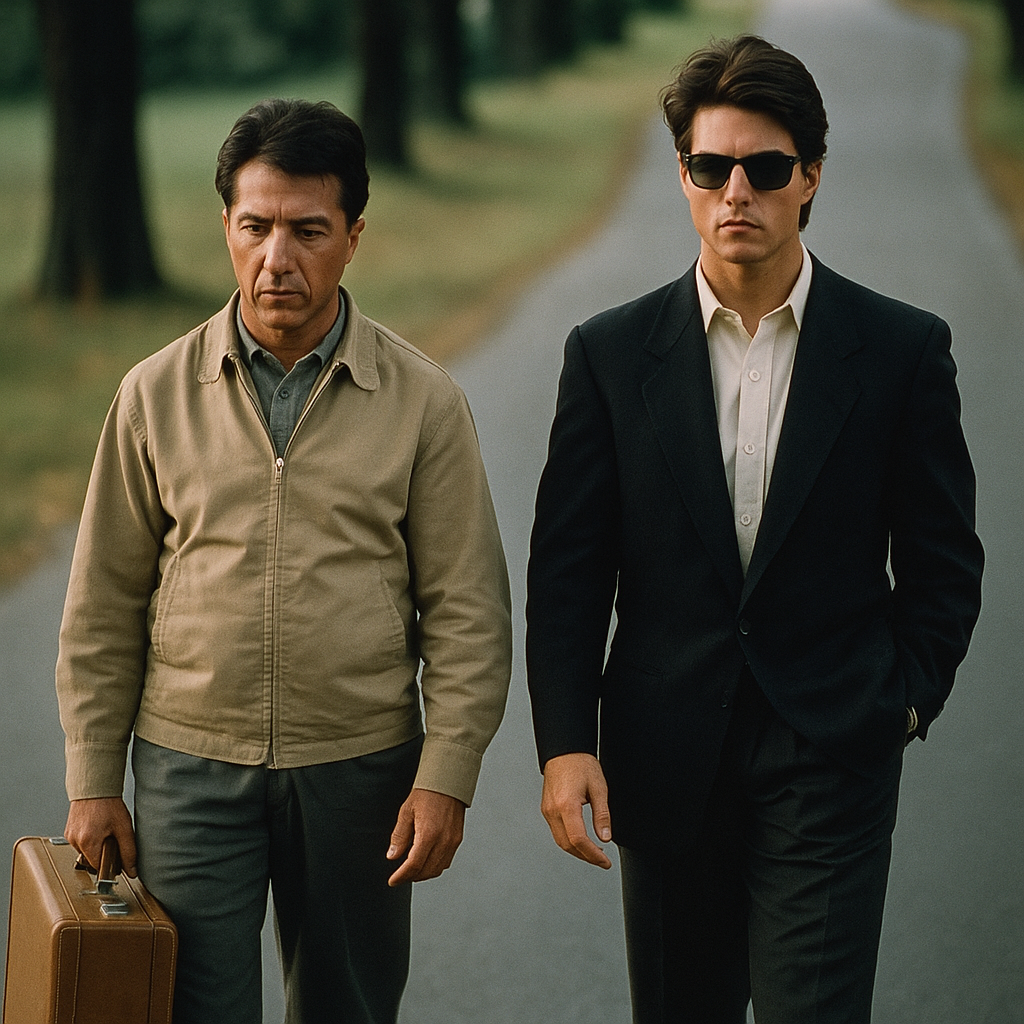 영화 레인 맨의 주인공 찰리와 레이먼드가 여행을 떠나 길을 걷는 장면