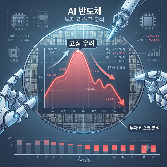 반도체 웨이퍼 위로 하락하는 붉은색 시장 지수 그래프와 분석 정보가 포함된 이미지