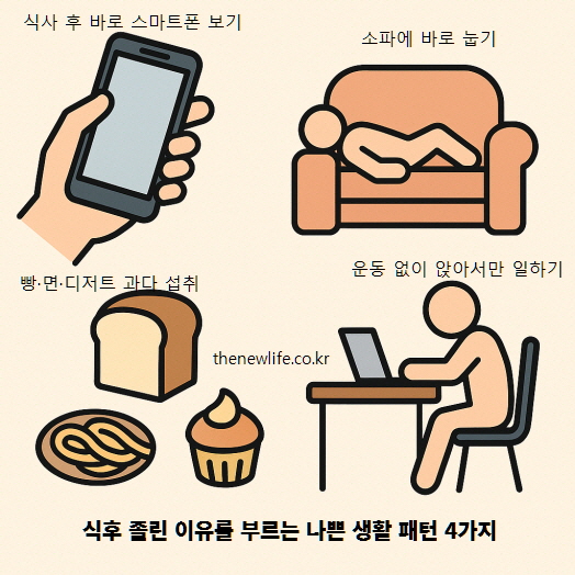 식후 졸린 이유를 악화시키는 생활 습관 4가지 – 스마트폰 보기, 바로 눕기, 정제 탄수화물 과다 섭취, 운동 부족