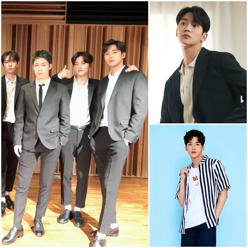 SF9 그룹멤버들이 나란히 서있는 단체 사진과 로운 단독 샷