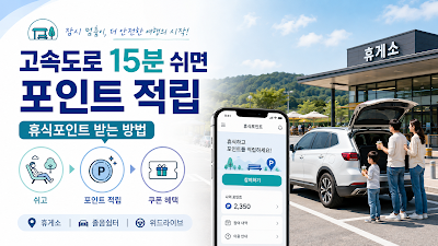 고속도로 휴게소에서 15분 쉬고 휴식포인트를 적립하는 방법을 정리한 대표 이미지