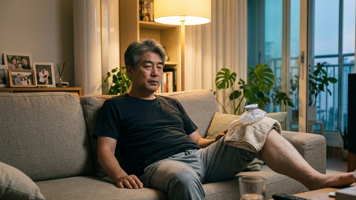 소파에 앉아 무릎에 냉찜질 팩을 대고 쉬는 남성