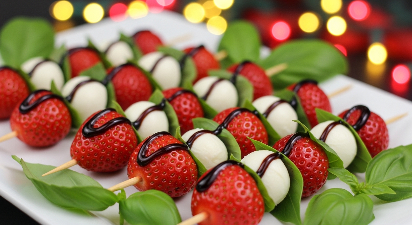 2025년 크리스마스 홈파티 테이블 위, 따뜻한 조명 아래 맛있어 보이는 감바스, 딸기 카프레제 꼬치, 베리 요거트 트라이플이 놓여 있는 모습
